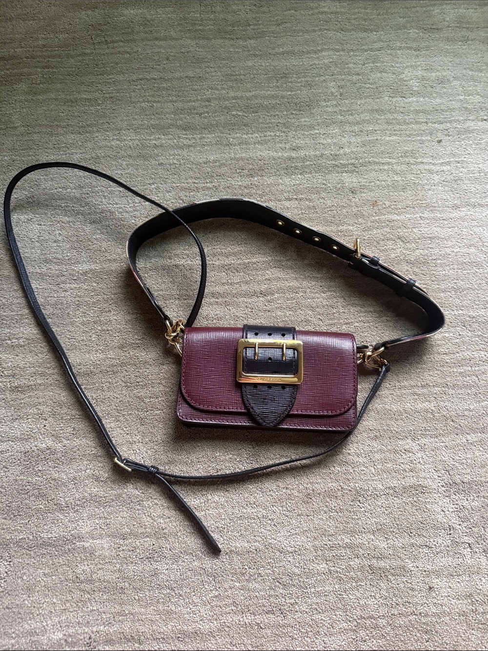 Burberry burgundy leather large buckle small bridle wallet on chain with straps